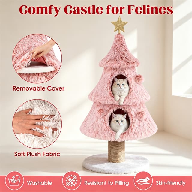 Supplier photo of Xmas Tree Themed Cat Tower, Multi-Layer Corner Cat Tree With 2 Deluxe Semi-Enclosed Condos, Heavy-Duty Large Capacity Cat House, Jute Rope Scratching Post---Una