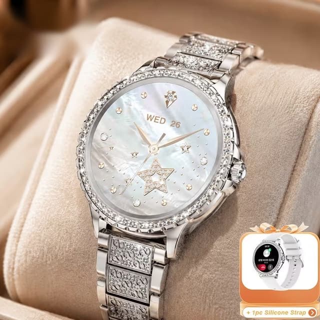 Supplier photo of Women Smartwatch Silver Round Rhinestone Stainless Steel Bluetooth Call Fitness Tracker Android IOS