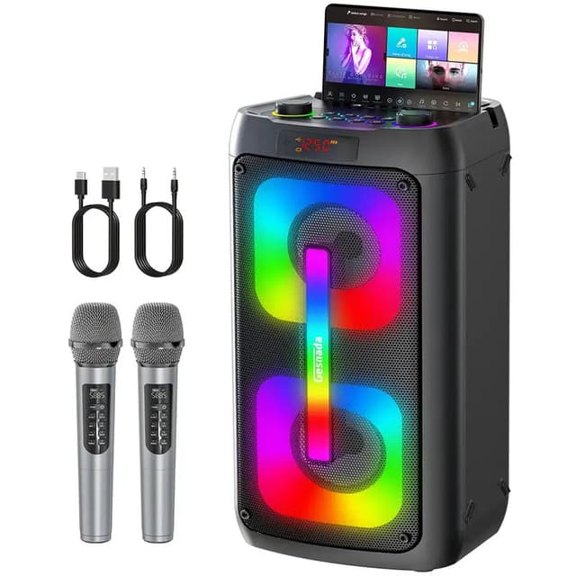 Supplier photo of 4-Inch Portable Bluetooth Karaoke Machine Speaker - Wireless Stereo PA System With 2 Mics, LED Lights, Control Panel, USB Port, SD Card, AUX Connections, Audio
