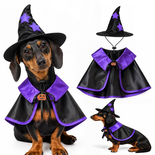 Supplier photo of Dog Witch Halloween Costume, Dog Halloween Costumes, Witch Dog Costume Wizard Hat And Cape, Adjustable Neck Tie And Elastic Hat Strap For Small Dogs, Puppy And