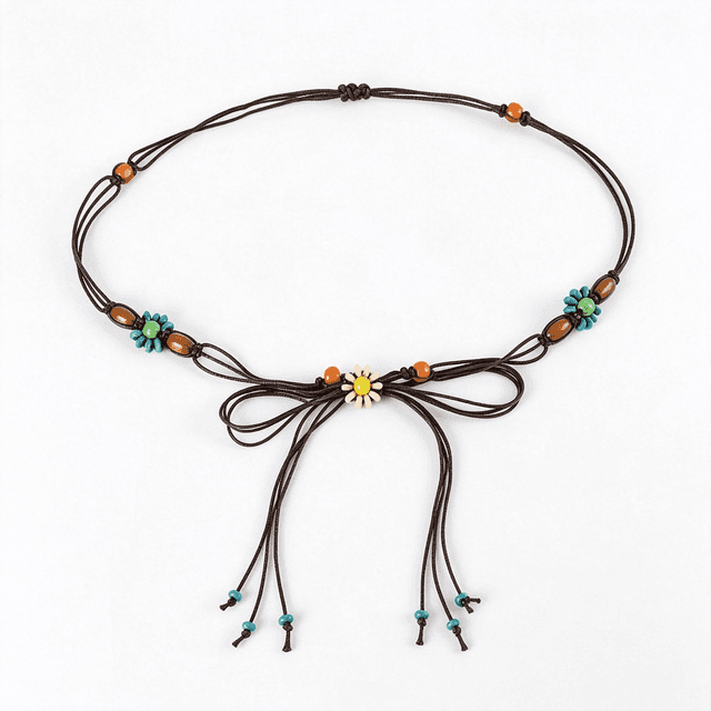 Supplier photo of Boho Floral Beaded Waist Belt, Brown Wax Rope Adjustable Tie Waist Rope For Women Dress Jeans