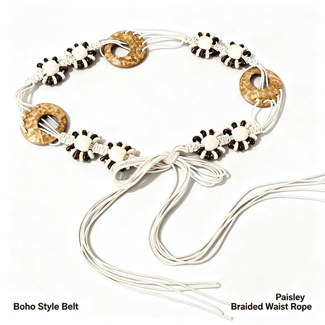 Supplier photo of Boho Coconut Shell Beaded Waist Belt, White Hand Woven Adjustable Tie Waist Rope For Women Dress Jeans