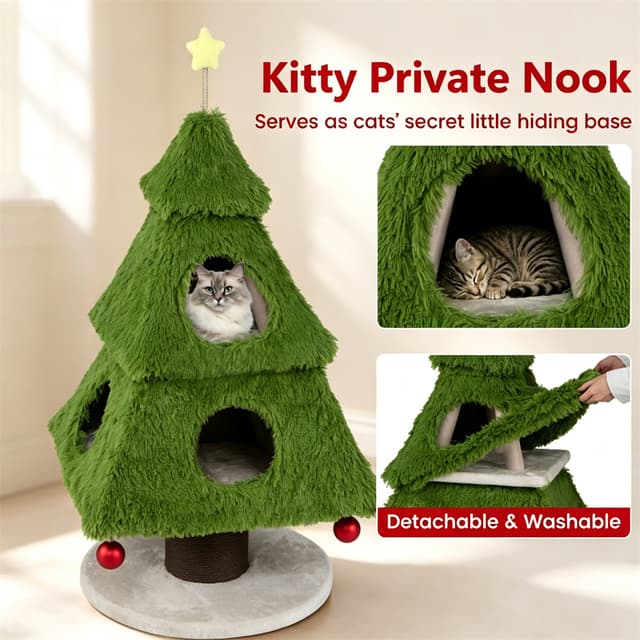 Supplier photo of 3-Tier Christmas Cat Tree Tower, Stable Pyramid Frame Cat Furniture With Dual Access Condo, Paper Rope Scratching Post, Interactive Star & Dangling Balls---Unav