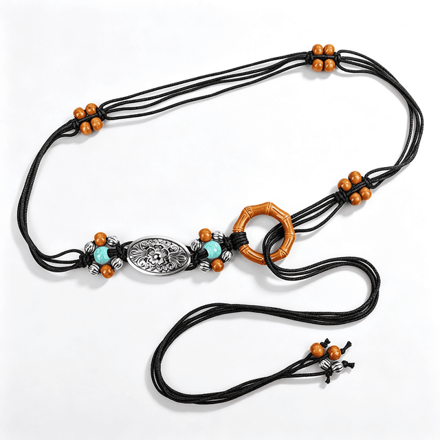 Supplier photo of Boho Bamboo Ring Beaded Waist Belt, Black Wax Rope Adjustable Tie Waist Rope For Women Dress Jeans