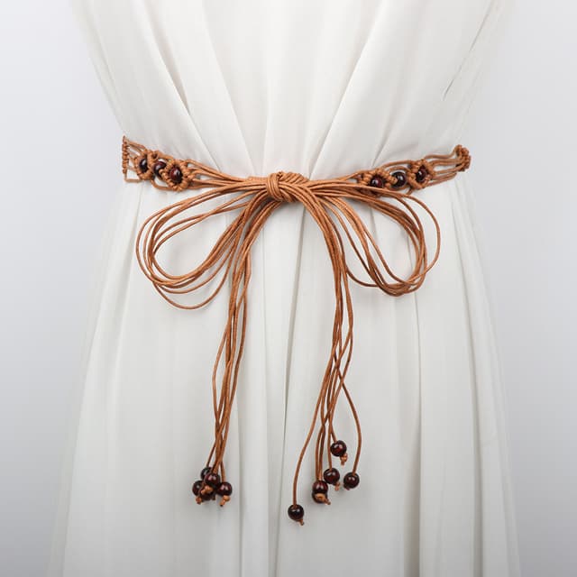 Supplier photo of Handmade Ethnic Style Woven Thin Belt For Women - Tassel Beaded Decorative Waist Rope For Hanfu Dress