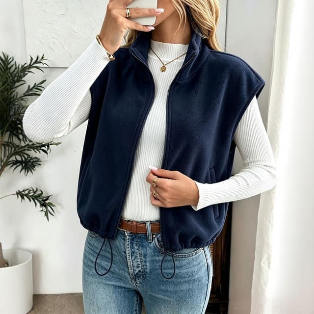Supplier photo of Women's Stand-up Collar Zip-up Fleece Vest