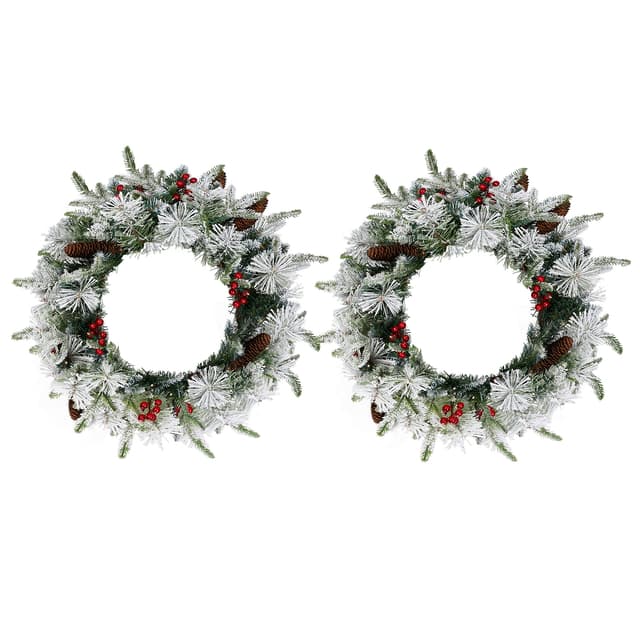 Supplier photo of 2 Pack 18in Pre-lit Snow Flocked Christmas Wreath, Lighted Artificial Xmas Wreath with 60 Warm Lights and 140 Tips and Red Berries Pine Cones, for Front Door Ga
