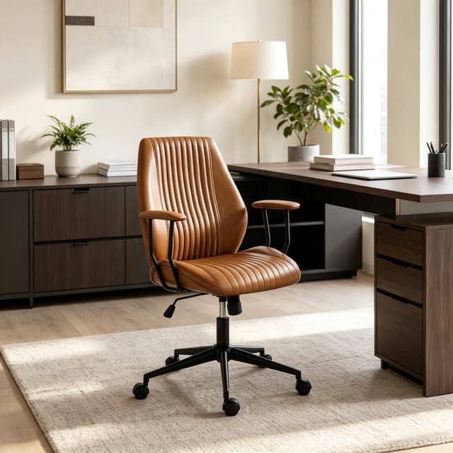 Supplier photo of Vintage Leather Office Desk Chair, Padded Arms, 360° Swivel & Adjustable Height, Brown