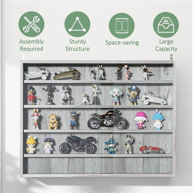 Supplier photo of Gray 5-Tier Wall Display Case – 2 Glass Doors, Adjustable Shelves for Small Spaces