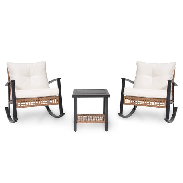 Supplier photo of 3 Piece Rocking Wicker Patio Conversation Set with Coffee Table with Sturdy Steel Frame Weather-Resistant, Foldable Design