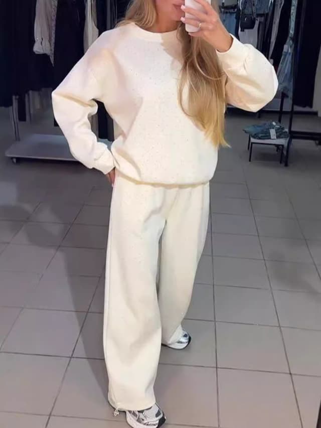 Supplier photo of 2024 Europe And The United States Cross-border Autumn And Winter Explosions Women's Casual Round Neck Long Sleeve Full-body Hot Drilling Rope Toe Two-piece Suit