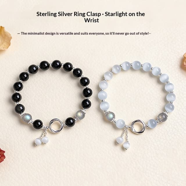 Supplier photo of Cat Eye Stone Bead Bracelet With Silver Tone Clasp