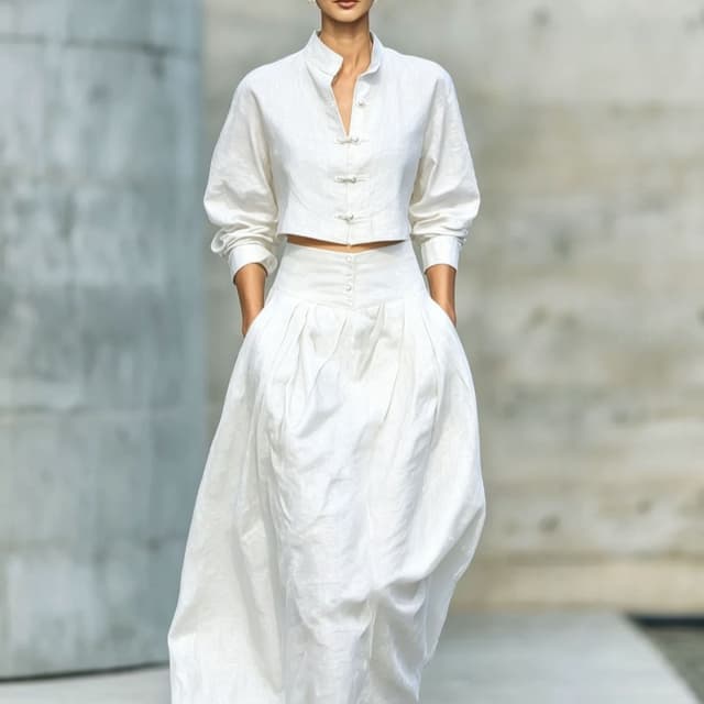 Supplier photo of Fashionable Stand-Collar Cropped Shirt And Skirt Solid-Color Cotton-Linen Set