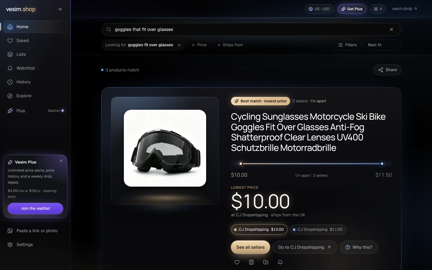 The Vesim app answering “goggles that fit over glasses”: the best match, its lowest price and both sellers.