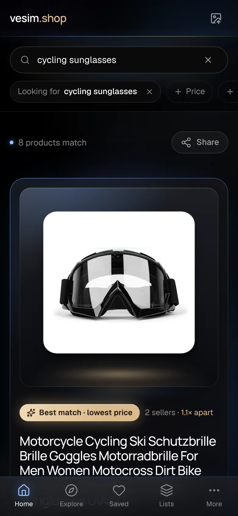 The Vesim app on a phone, answering “cycling sunglasses” with 8 matching products.