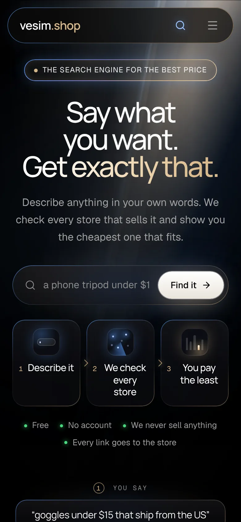 The vesim.shop homepage on a phone.
